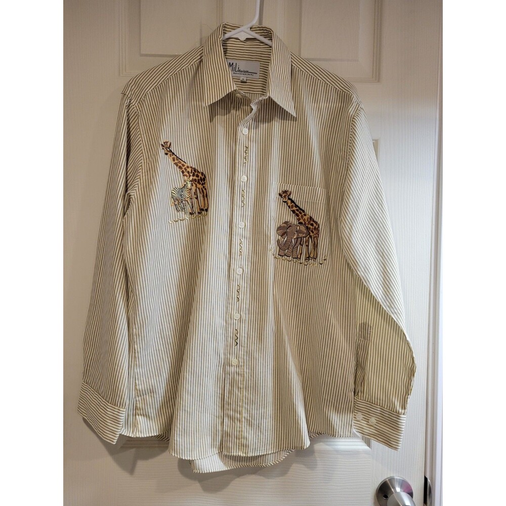 Vintage 90s Mili Designs Safari Animals Embroidered Striped Button Up Shirt - Sm